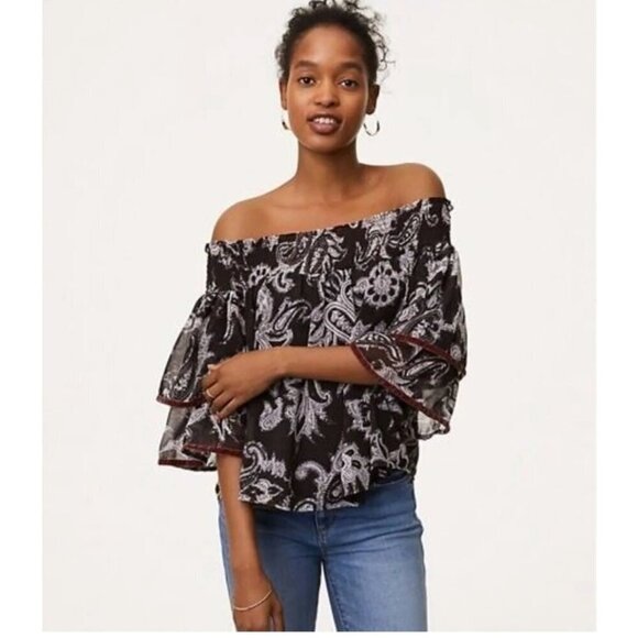 LOFT Tops - Loft Off The Shoulder Paisley Ruffled Velvet Trim Sleeve Top Size Medium NWT
